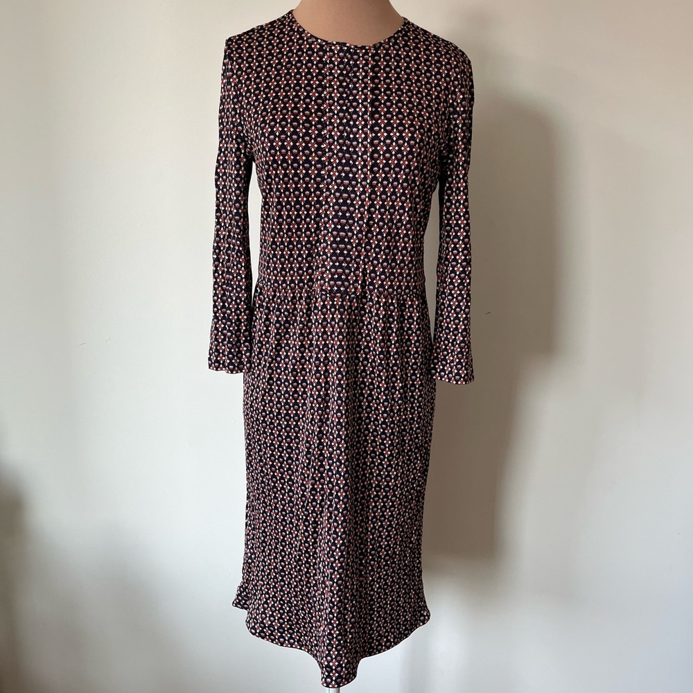 Tory Burch Three Quarter Sleeve Navy Blue Red Floral Printed Silk Dress EUC XS